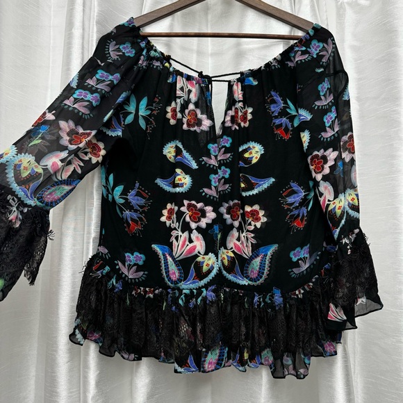 Anthropologie Tops - TRYB Anthropologie Floral Lace Silk Top Size Large